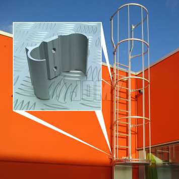 Cage ladder - Specially designed fixing clamps JOMY cage ladders use special fixing clamps to attach the wall mountings and security cage to the uprights.